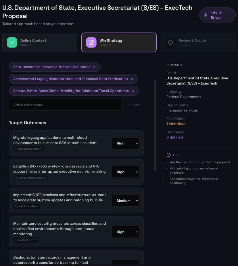 IntentBid win strategy screen with win themes and prioritized outcomes
