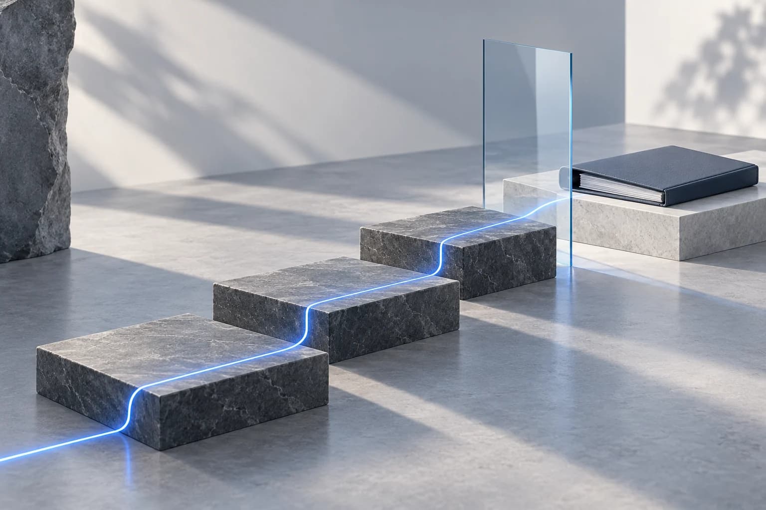 Conceptual stone steps leading to a completed document binder.