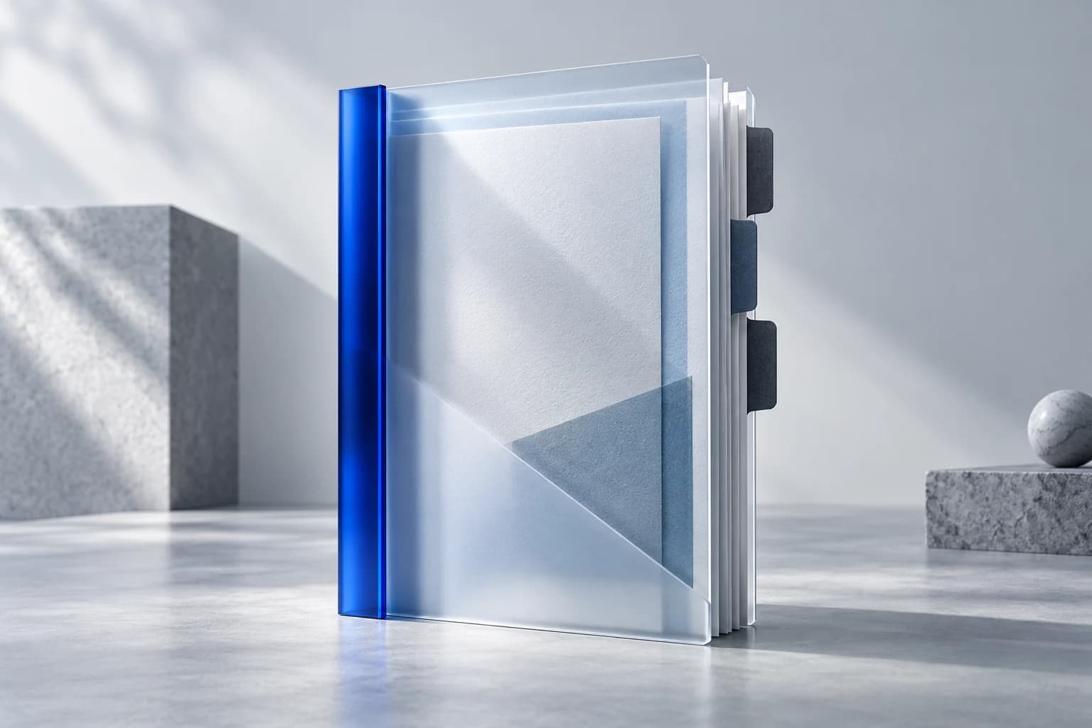 Conceptual glass dossier with organized source documents and a blue binding rail.