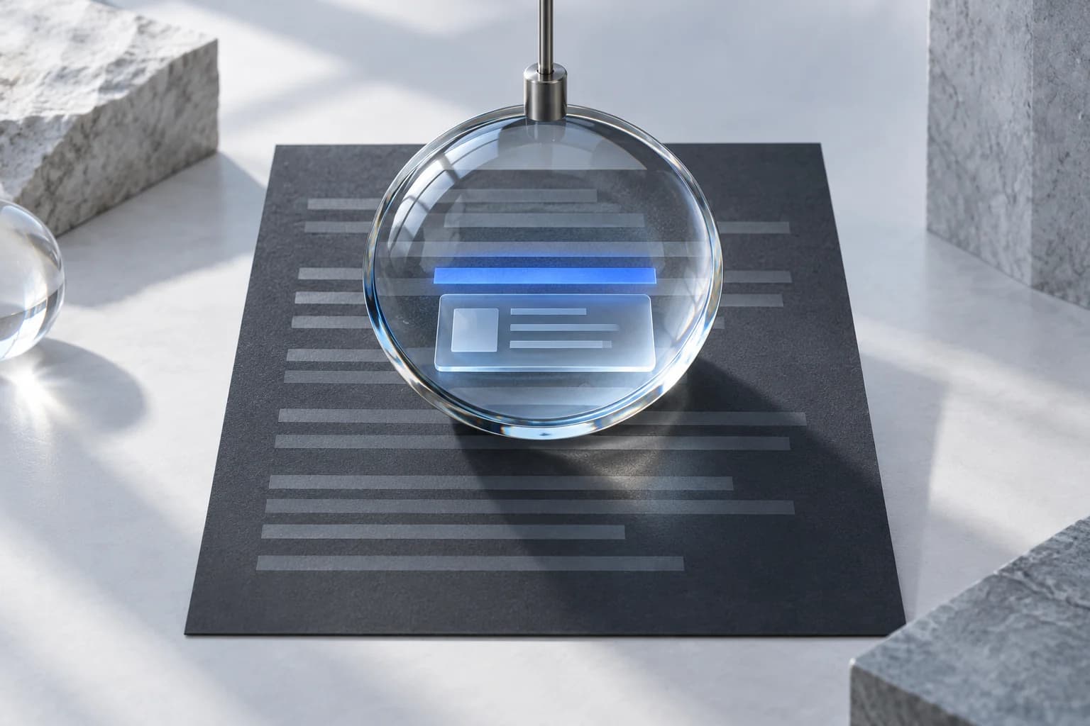 Conceptual glass lens inspecting a document and its source material.
