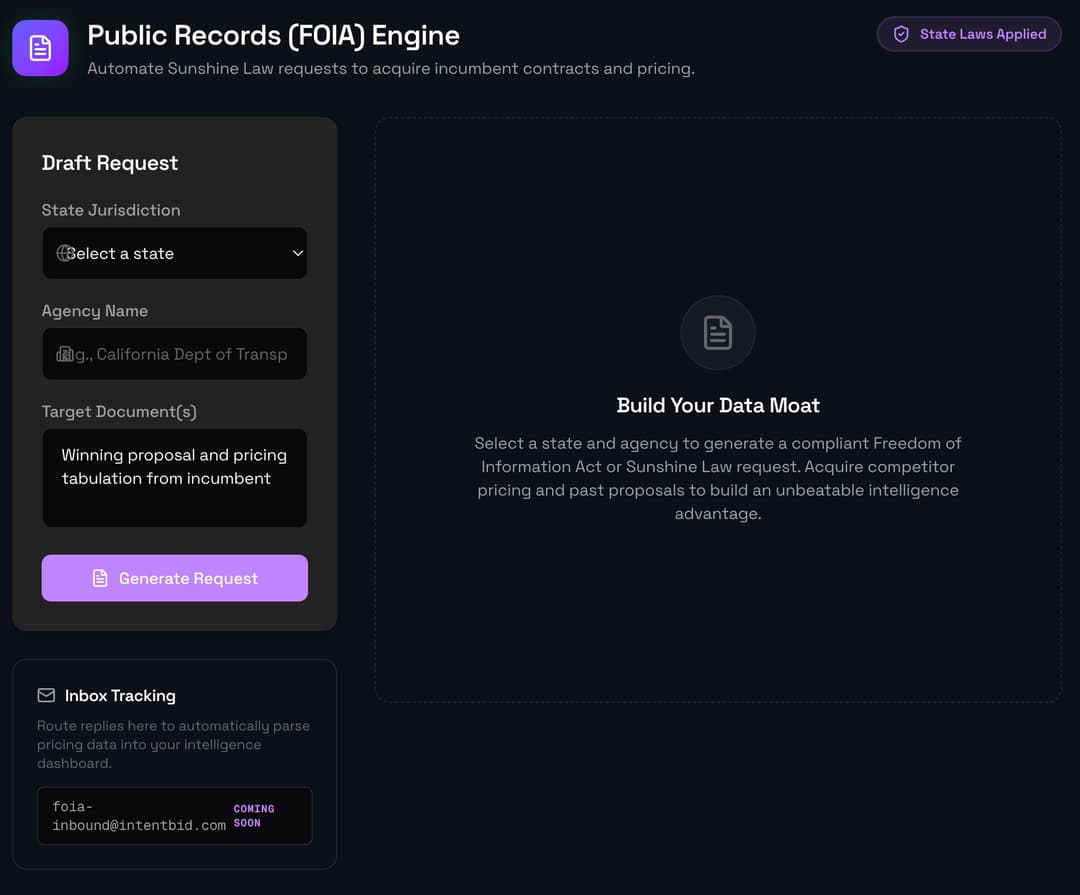 IntentBid Public Records engine with state selection, agency input, and generated FOIA request